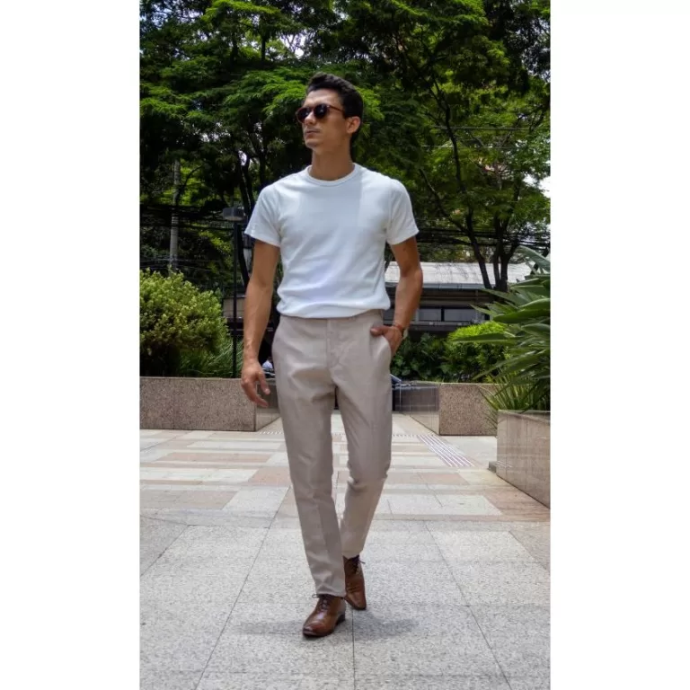 Calça Social Masculina Slim Areia com textura tip