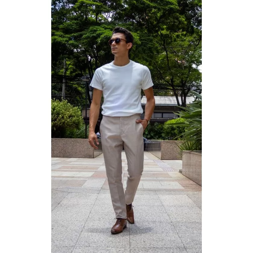 Calça Social Masculina Alfaiataria Slim Salmão Textura tipo Linho, Cós Transpassado, Sem Barra
