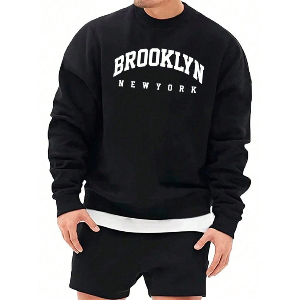 Moletom Brooklyn New York Preto Liso Gola Careca Flanelado Envio Rápido Blusa de Frio Inverno