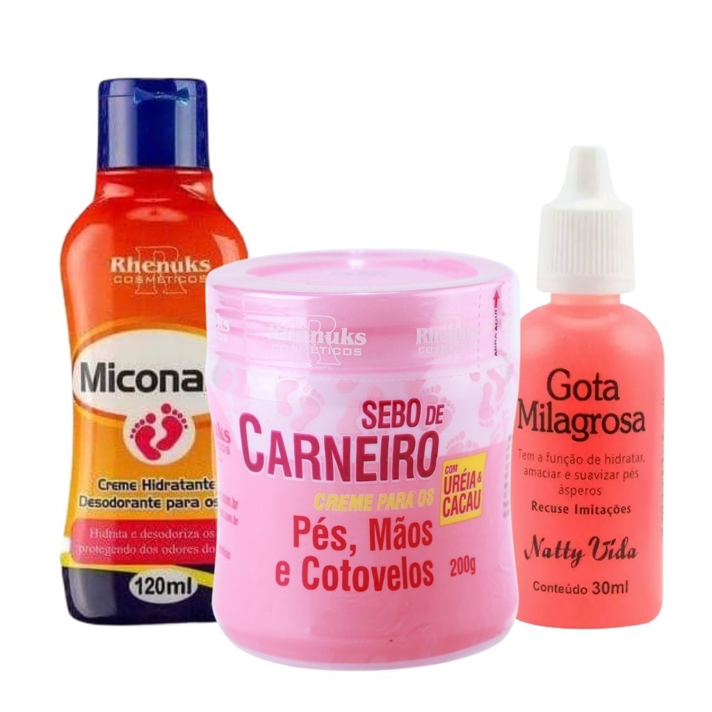 Kit Completo para os Pés Gota Milagrosa + Creme Miconaze + Sebo de Carneiro 200g – Super Hidratante