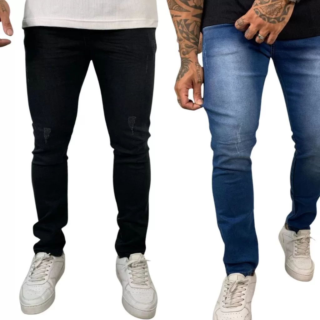 Kit Calças Jeans Skinny Rasgada Masculina Azul e Preta Material Premium