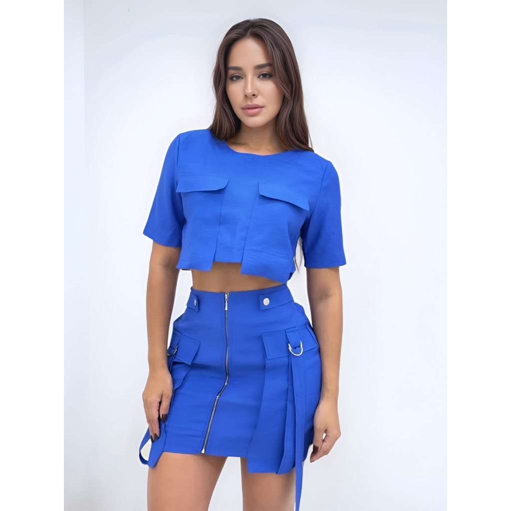 Conjunto Feminino Alfaiataria Cropped Cargo e Saia Cargo com Shorts