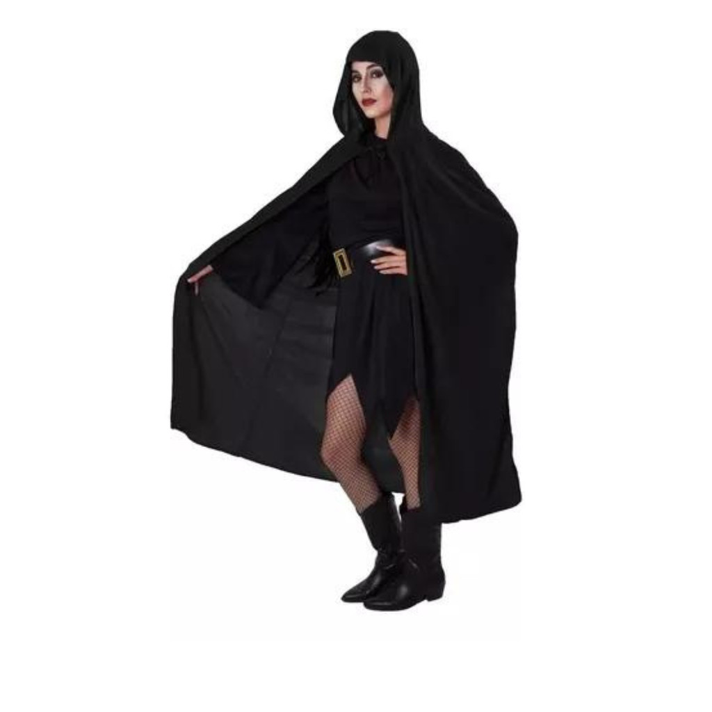 Capa de Bruxa Luxo Longa 1,40cm Capuz Preta Lisa Cospaly Halloween
