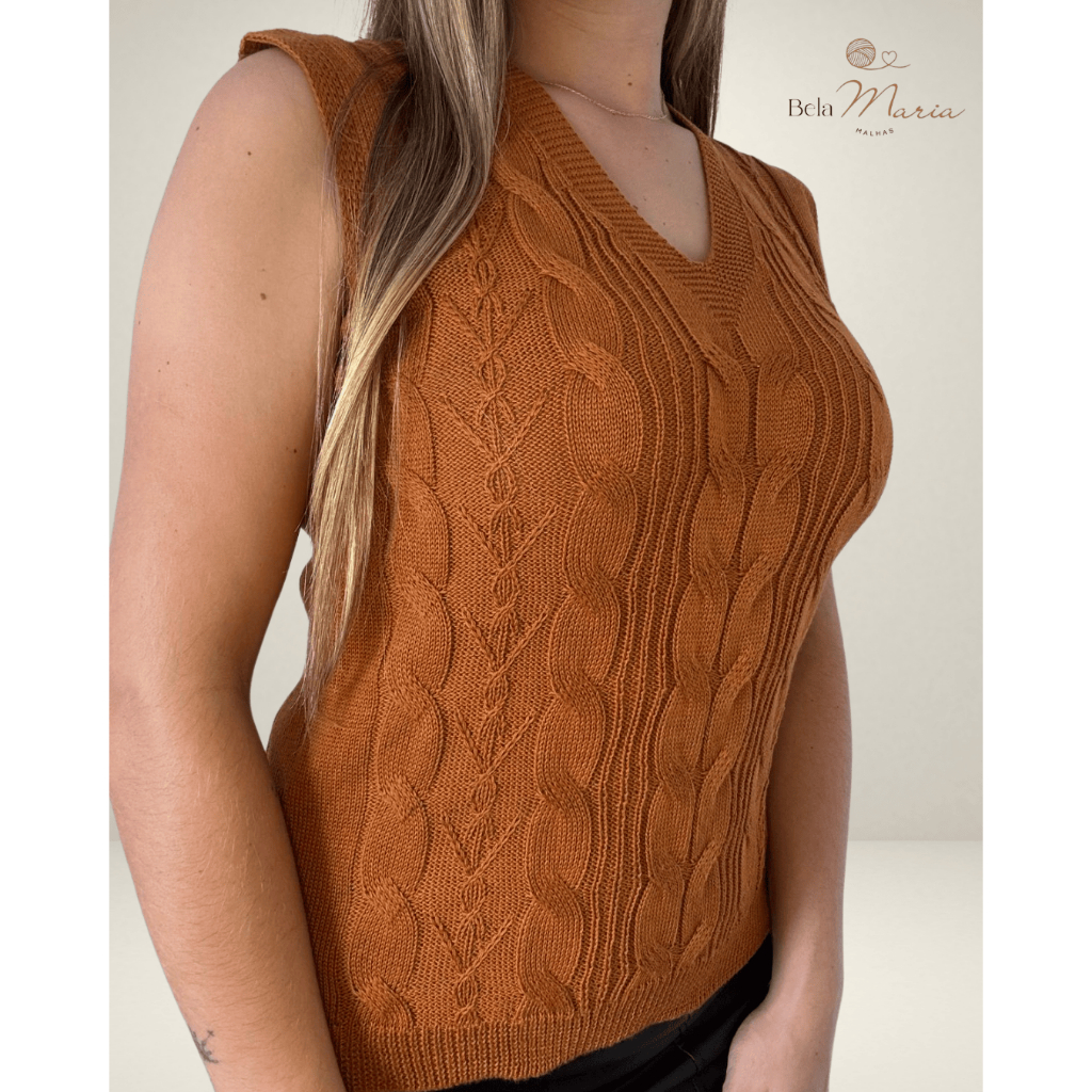 Colete Feminino Tricot Tranças Decote V Moda Casual Elegante