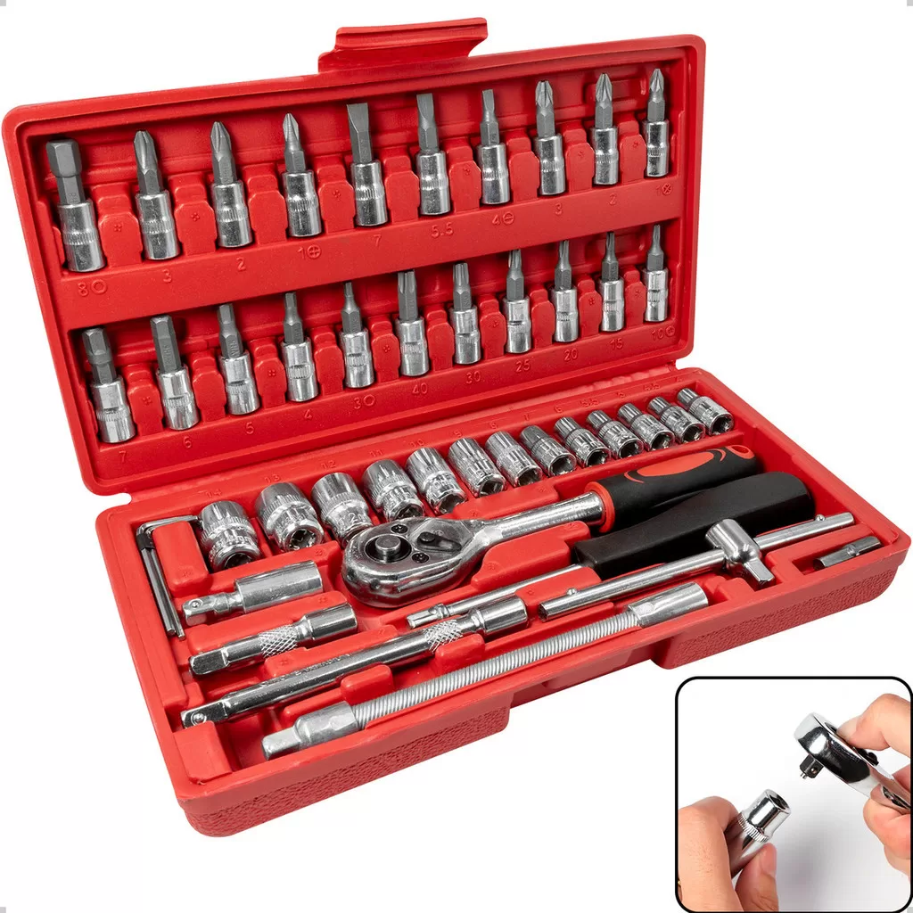 Kit Chaves Catraca Jogo Soquete Reversível 46 Peças Maleta