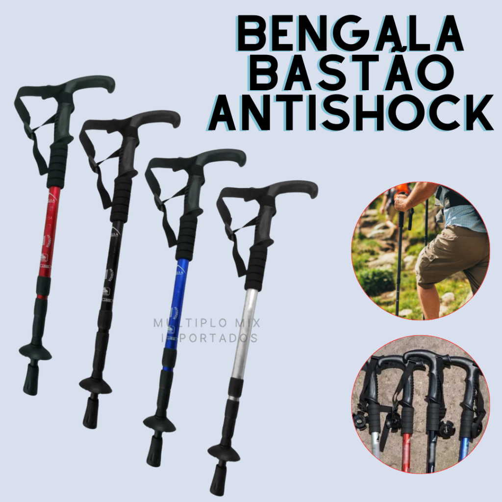 Bengala Bastão Antishock Para Caminhada Trilha Ajustável Com Amortecedor Colorida Alumínio Retrátil