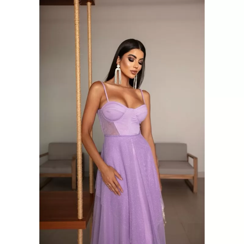 vestido de festa longo madrinha formatura casamento convidada debutante elegante tule lilás brilho