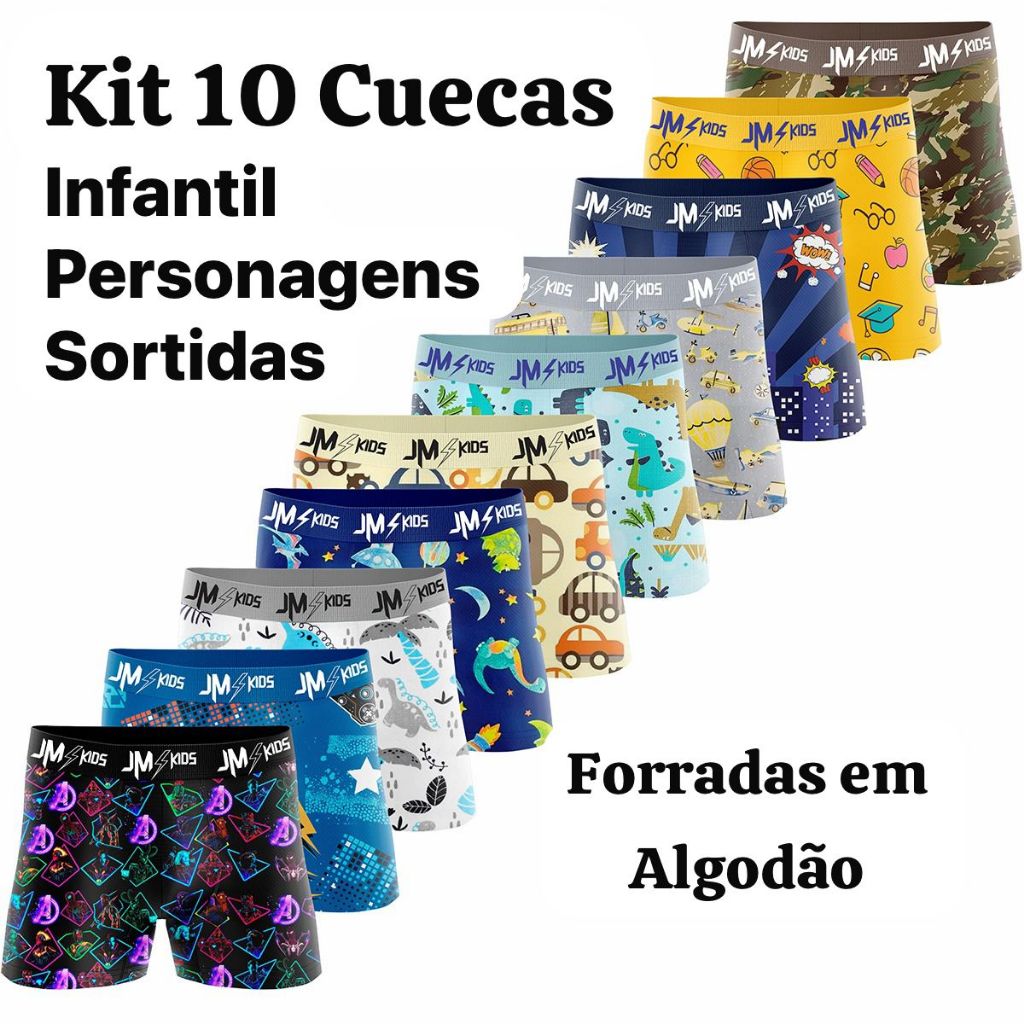 Kit Cueca Infantil Personagens Box Com Forro Em Algodão