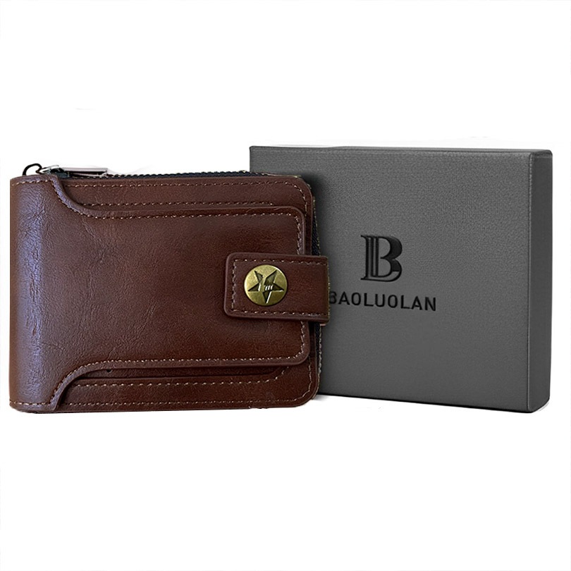 Carteira Masculina Couro Elegante e Estilosa Com Porta Cartões Bolso de Zíper para Moedas Dinheiro C