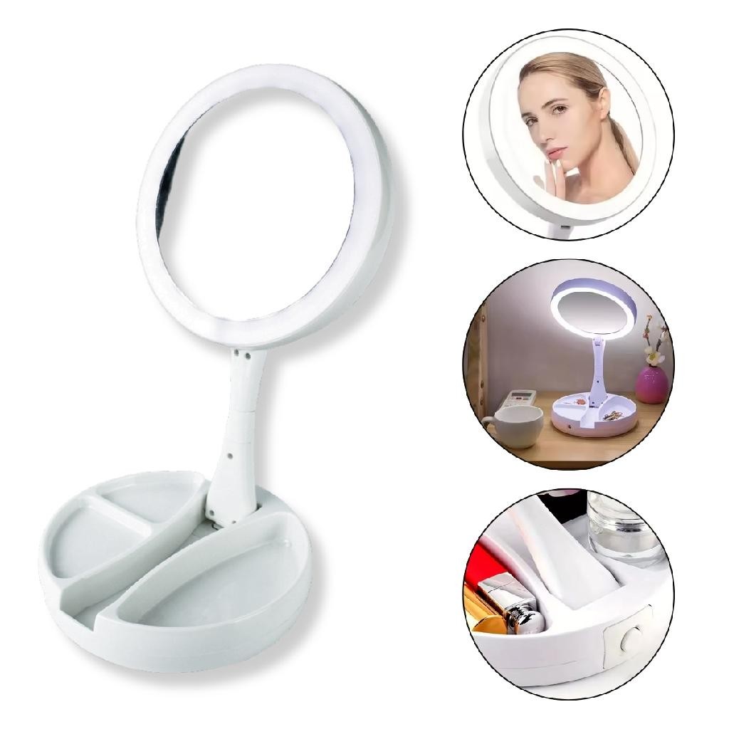 Espelho Camarim 2 Lados Zoom Redondo Led Porta Joias Branco Penteadeira Maquiagem Makeup Mesa