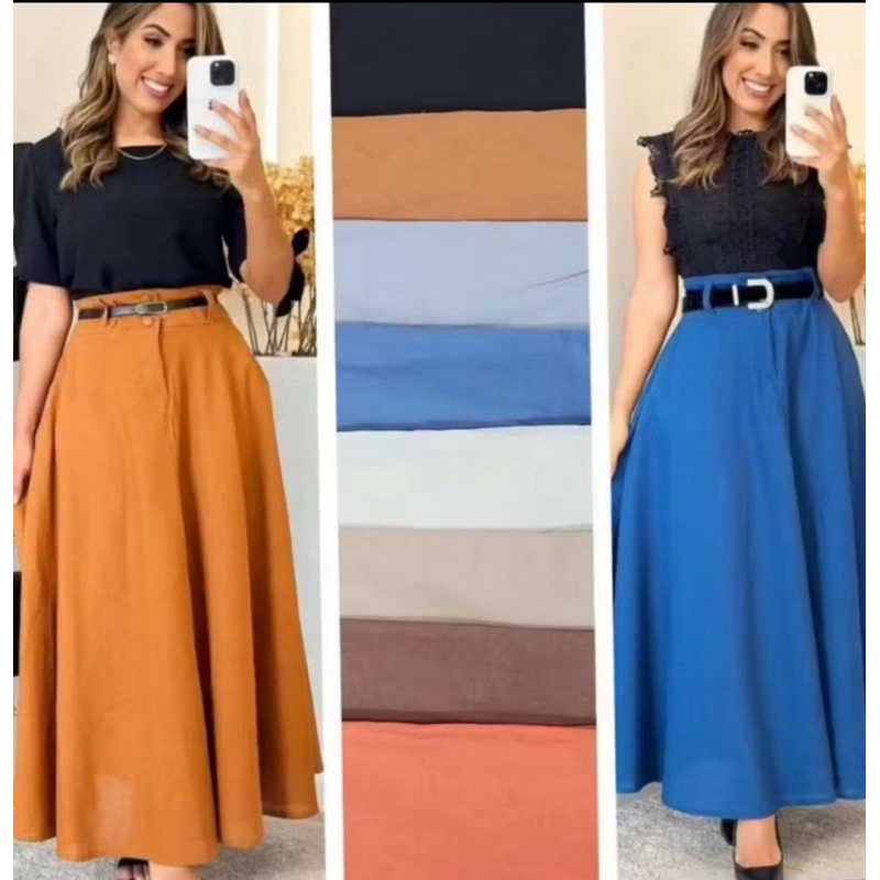 Saia Longa Rodada Feminina Alfaiataria Moda Evangélica Casual Básica Inverno Cintura Alta Elegante T