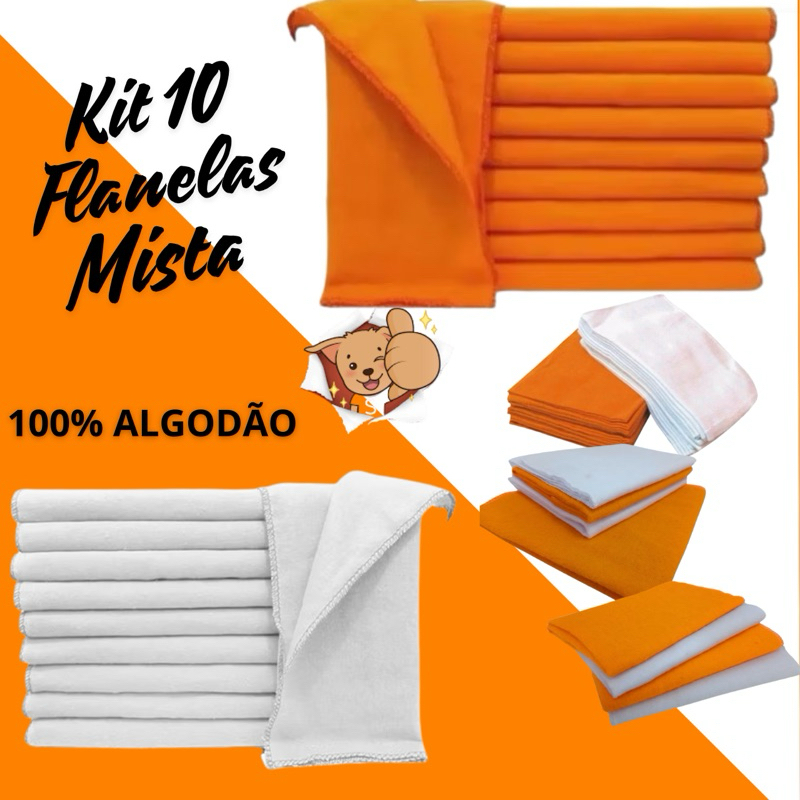 Flanelas  Kit Com 10 Laranja e Branco 38×28 Multiuso Auto Joias  Objetos  100% Algodão Multiuso