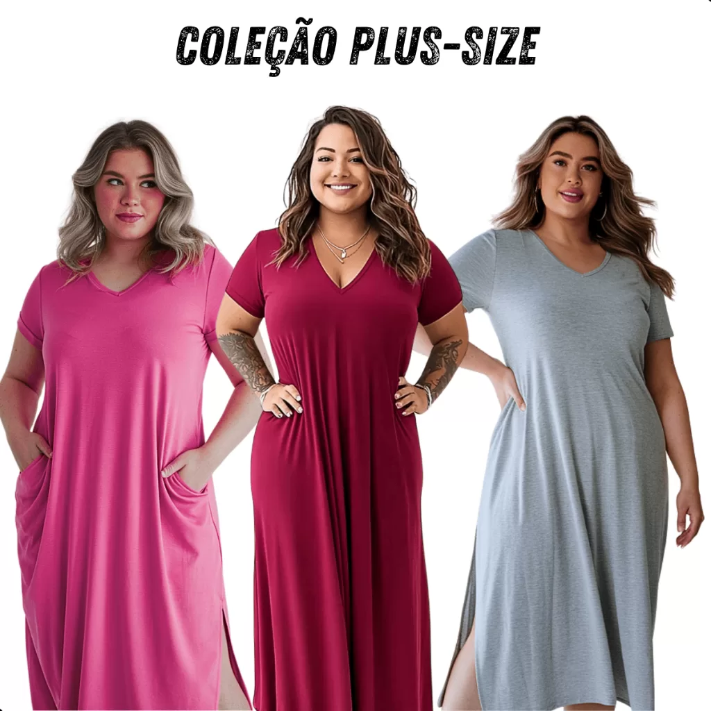 Kit Vestido Plus Size Feminino do P ao G3 Saruel Fenda Lateral Com Bolso Longo Soltinho Saruel Moda