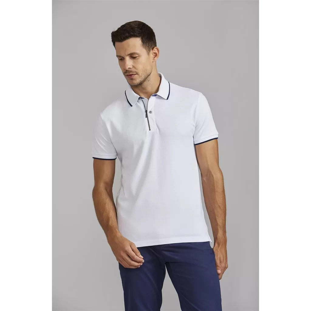 Polo com Zíper Piquet Premium Slim Fit – Branco