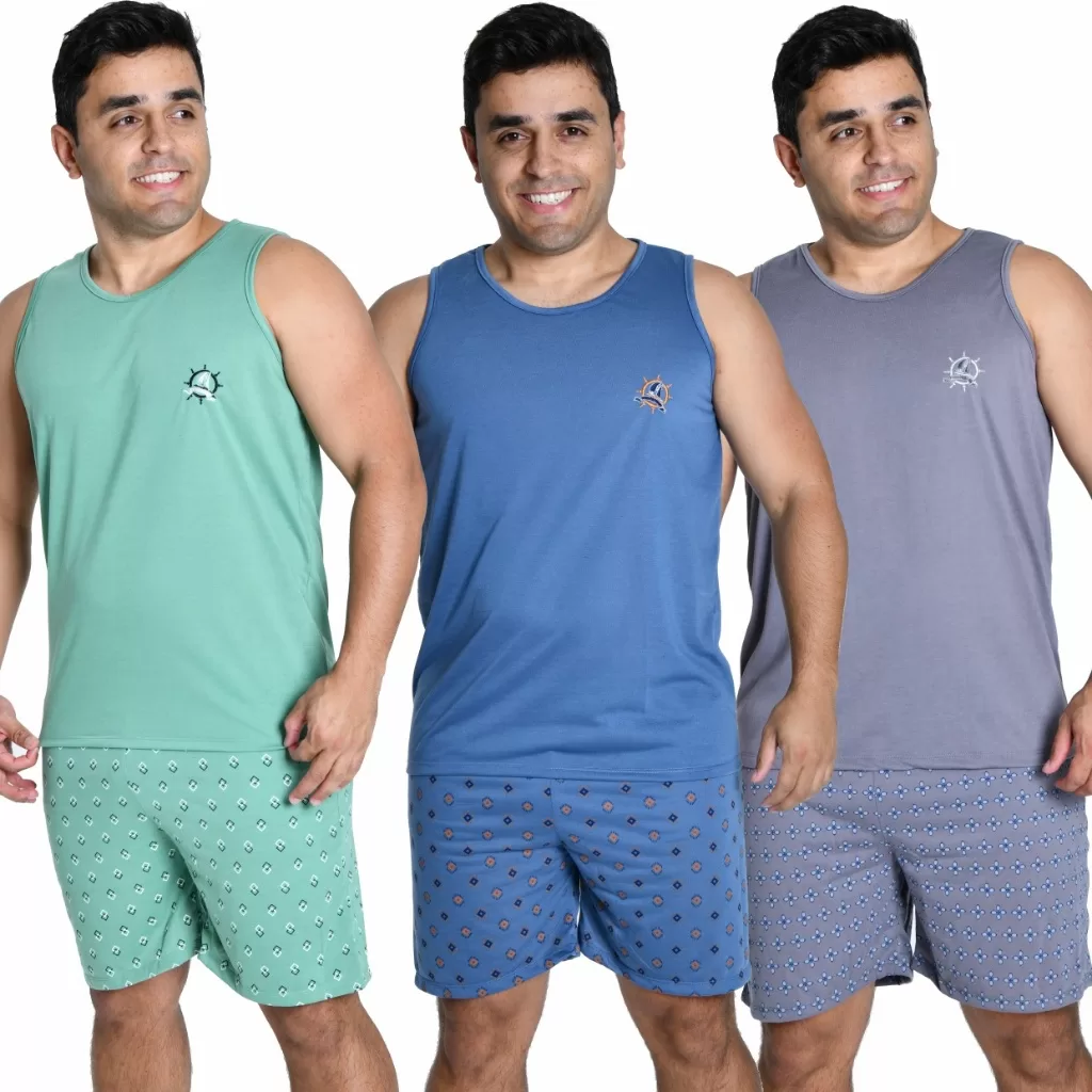 Kit 3 Pijamas Camiseta Regata Estampado Curto Verão Short e Camiseta