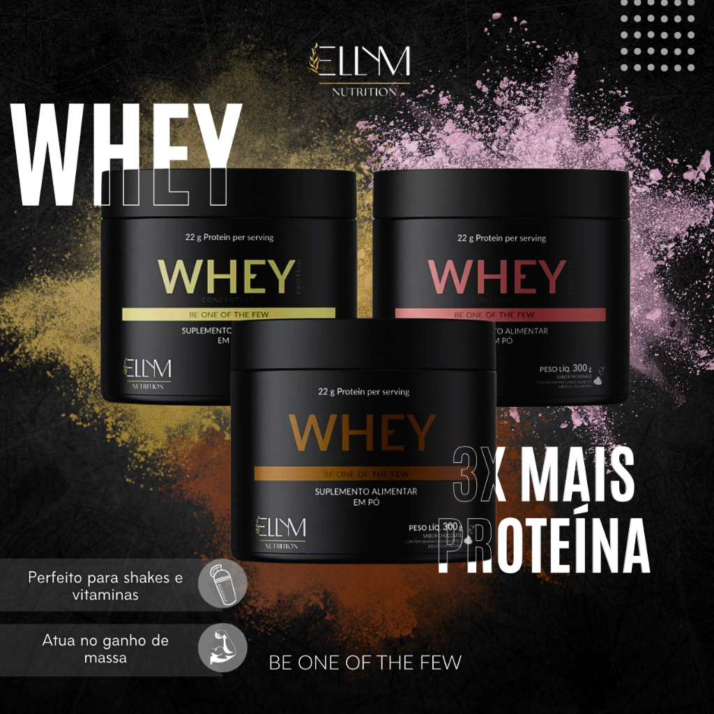 Whey Protein Napolitano 900g (3x300g) Ellym Nutrition Premium  Chocolate, Baunilha e Morango