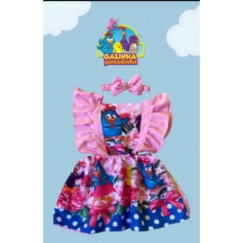 romper vestido galinha pintadinha rosa veste até 2 anos