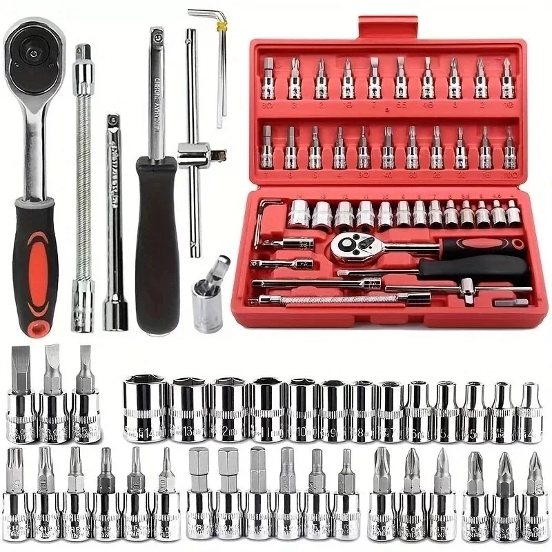 Kit De Ferramentas 46 Peças Jogo De Soquetes Chave Catraca Reversível Com Maleta Jogo Completo