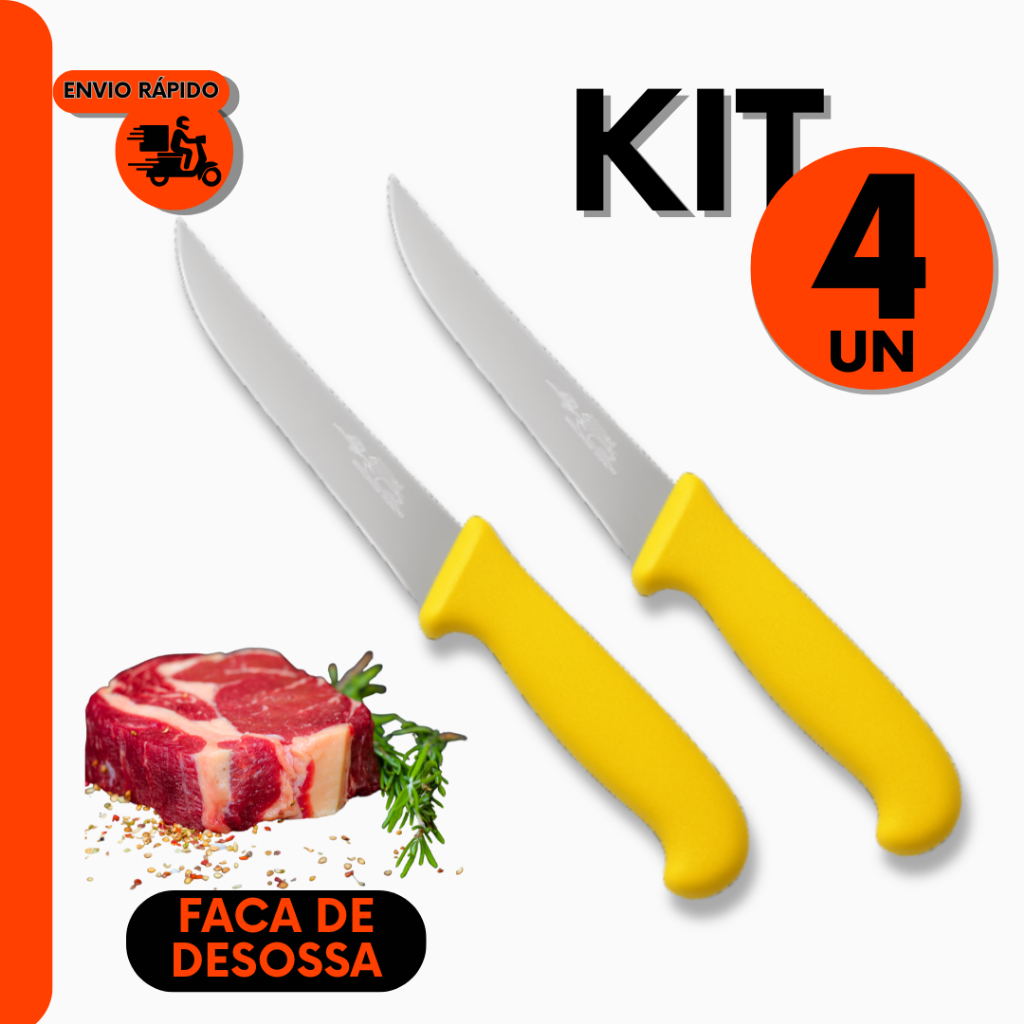 Kit 4- Faca de Desossa Aço Inox Profissional, Açougue, Churrascaria, Restaurante