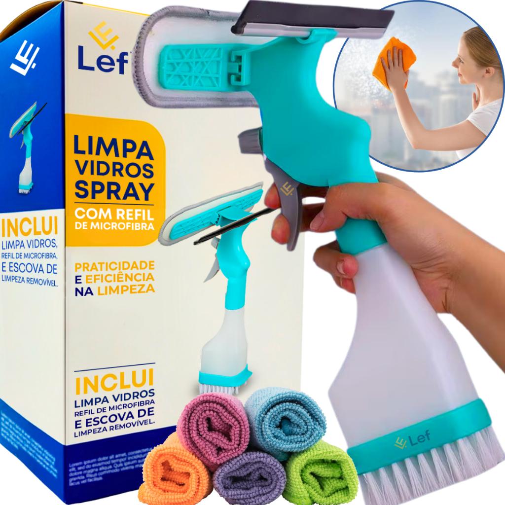 Limpador de Vidros 4em1 Spray de 230ml, Rodinho, Escova e Pano+ pano microfibra cortesia