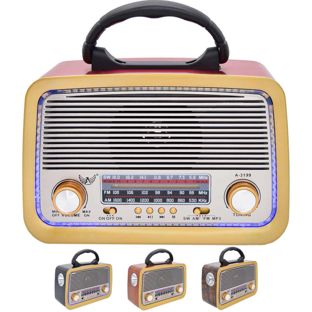 Rádio Retrô AM FM SW com Entrada USB, TF Card e Lanterna Portátil