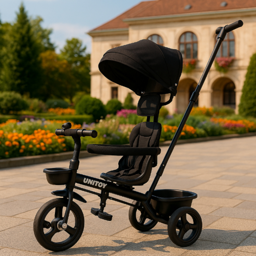 Triciclo Com Empurrador Confort Preto infantil bebê passeio haste assento confortável cinto controle