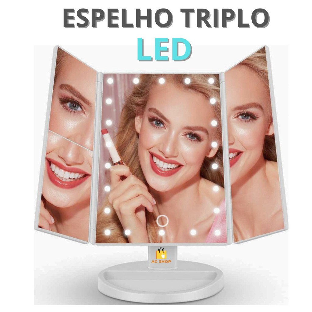 Espelho Maquiagem Iluminação LED Camarim Triplo com Luzes Touch Aumento 2X 3X  Dobrável Portátil USB