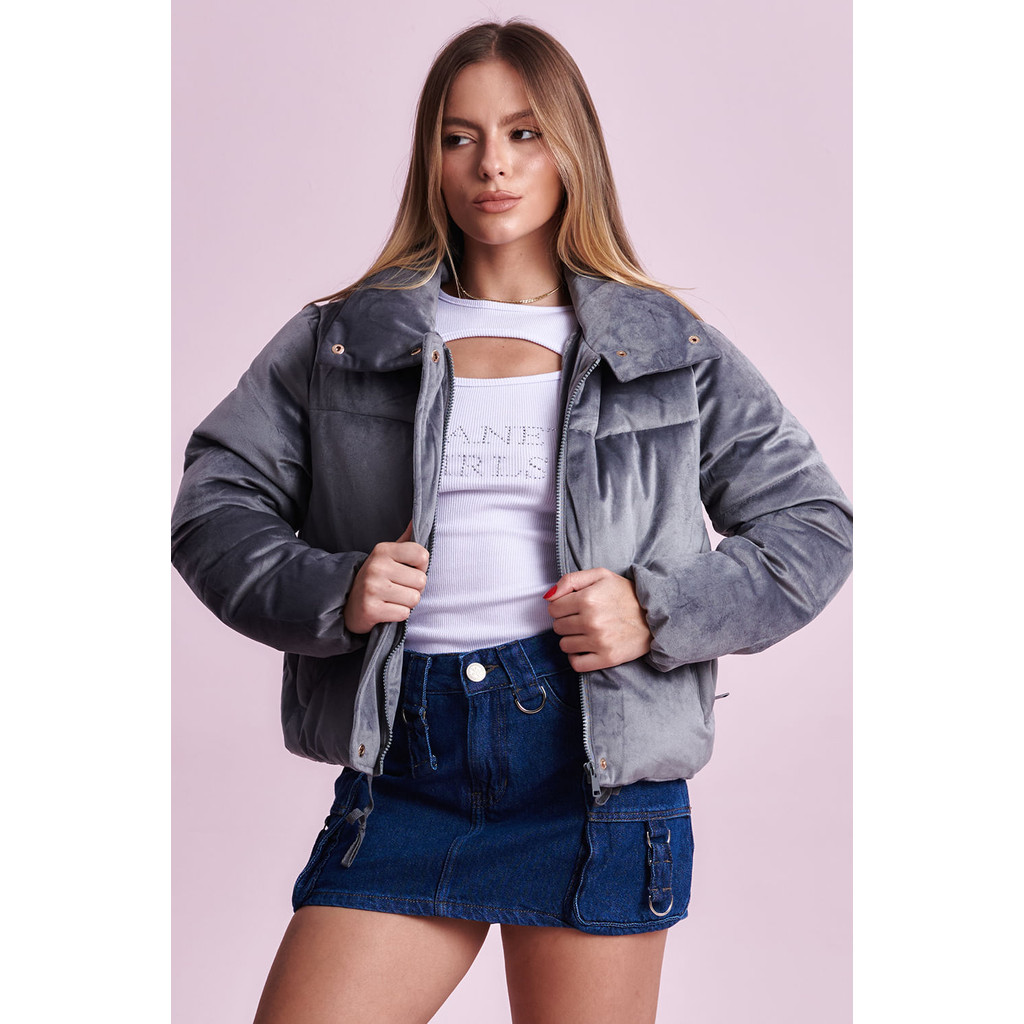 Jaqueta Puffer Feminina Veludo Planet Girls Cinza