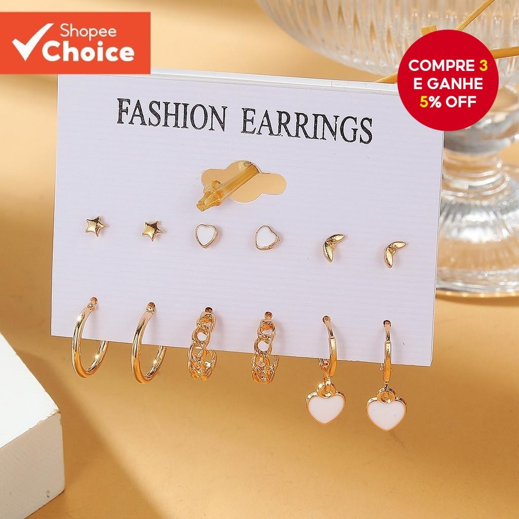 Conjunto De Brincos De Coração Estrela De 6 Unidades , Joias Da Moda Para Presente De Uso Diário