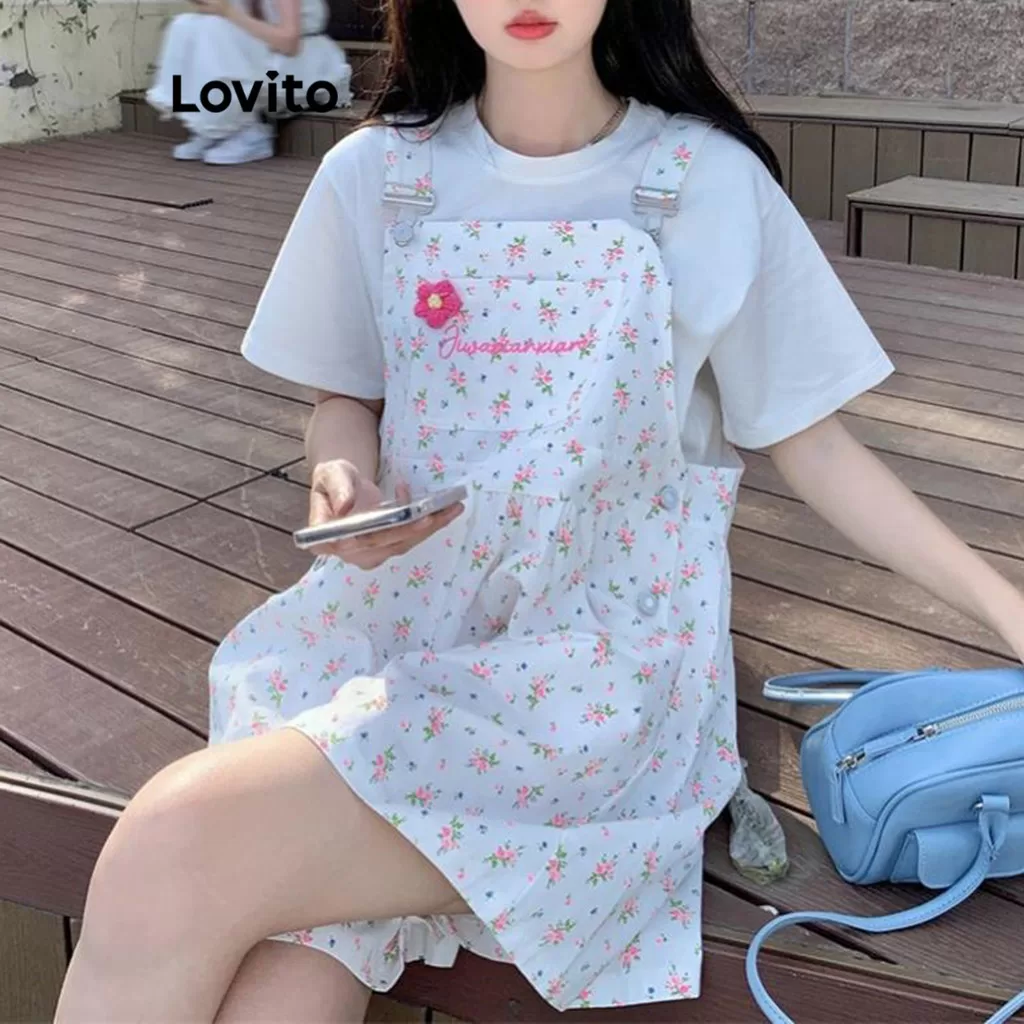 Lovito Macacão Casual De Metal Com Bolso Floral Ditsy Para Mulheres LNA67357