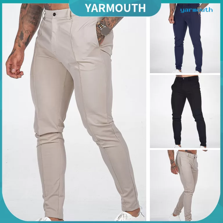 [YAR] Calças Masculinas Slim Fit Cor Sólida Cint