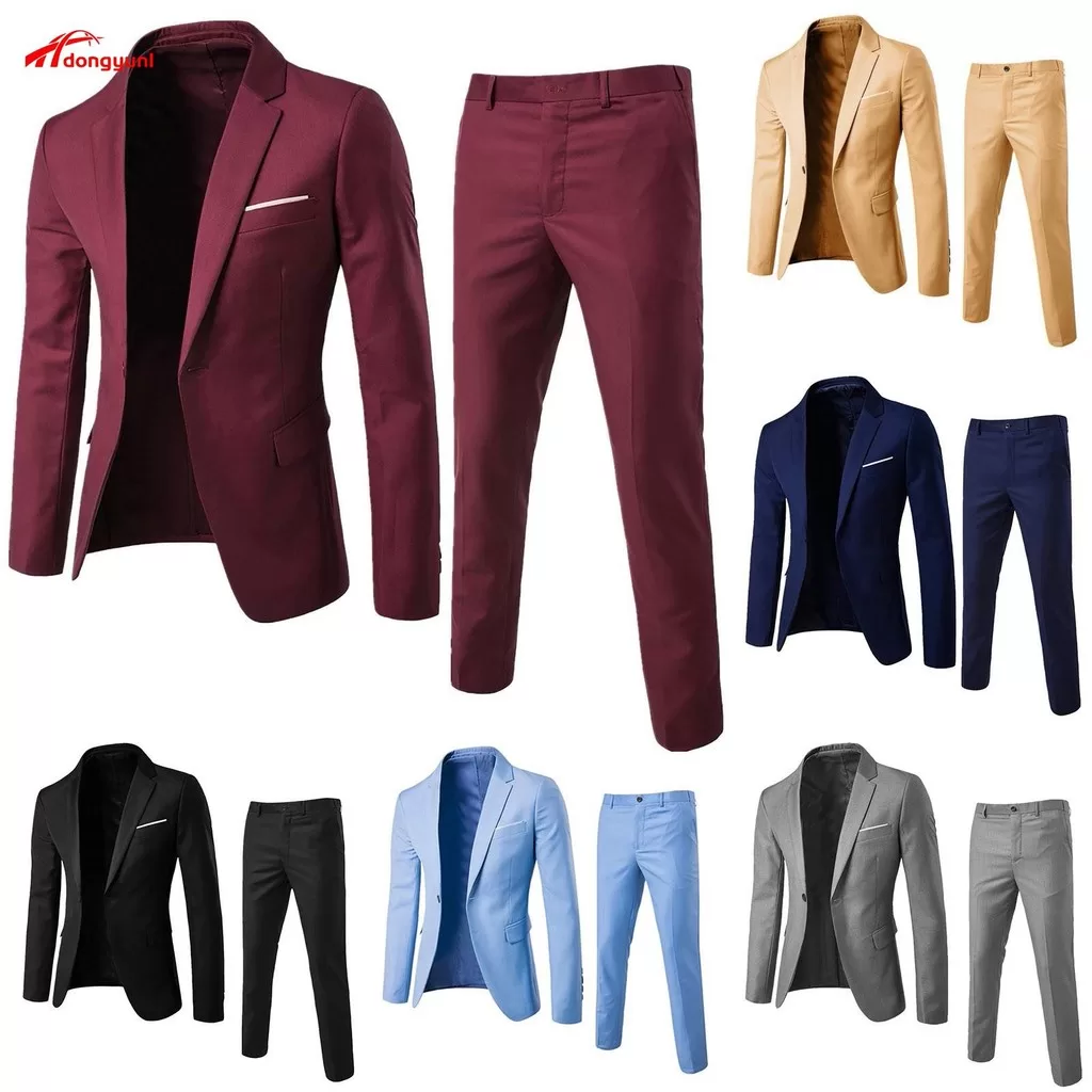 [LHO] 1 Conjunto Homens Calças Blazer Pants Cor Sólida Manga Longa Slim Fit Colarinho De Gola Temper