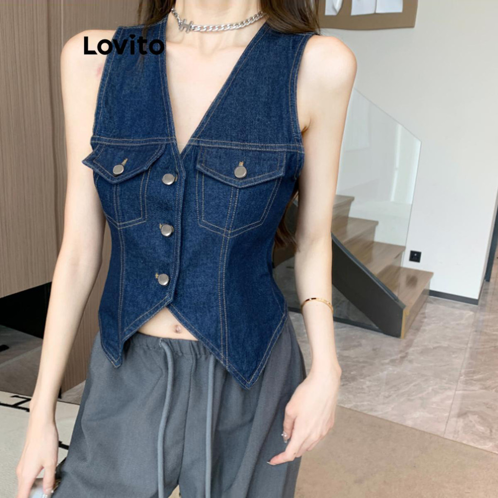 Lovito Blusa Jeans Casual Simples Com Botão Colorido E Bolso Falso Para Mulheres LNE50408