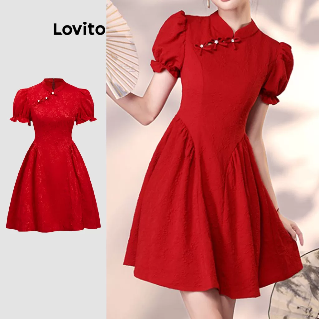 Lovito Casual Plain Pearls Drapeado Novo Estilo Chinês Texturizado Tecido Puff Manga Vestido para Mu