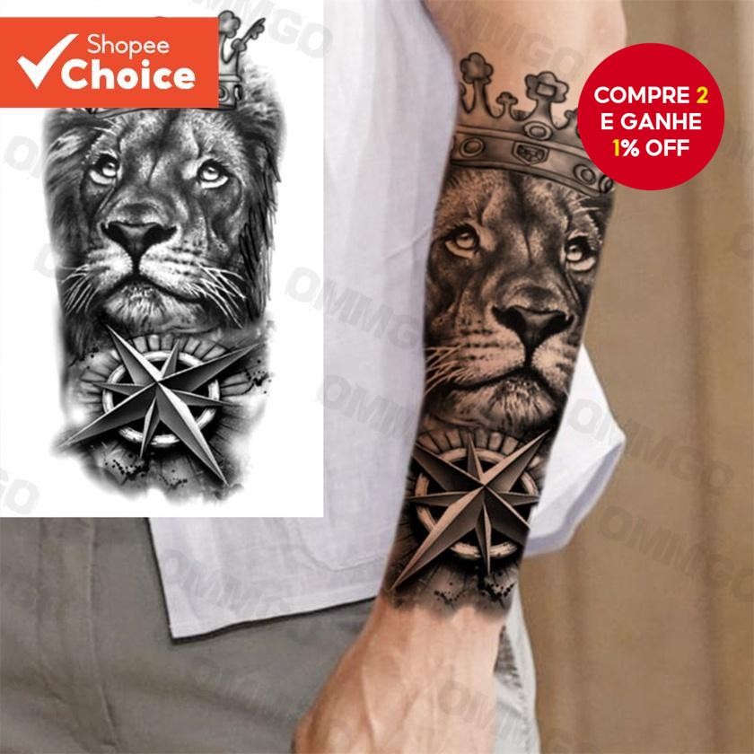Tatuagem Temporária-Adesivo De Coroa De Bússola De Leão À Prova Dágua , Arte Corporal Realista Para