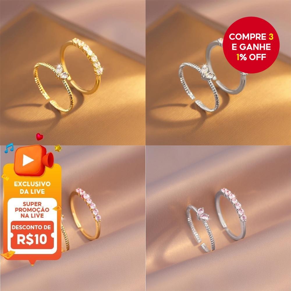 Conjunto De Anel De Coração De Zircônia , 2 Peças , Elegante , Ajustável , Ouro , Prata , Para Mulhe