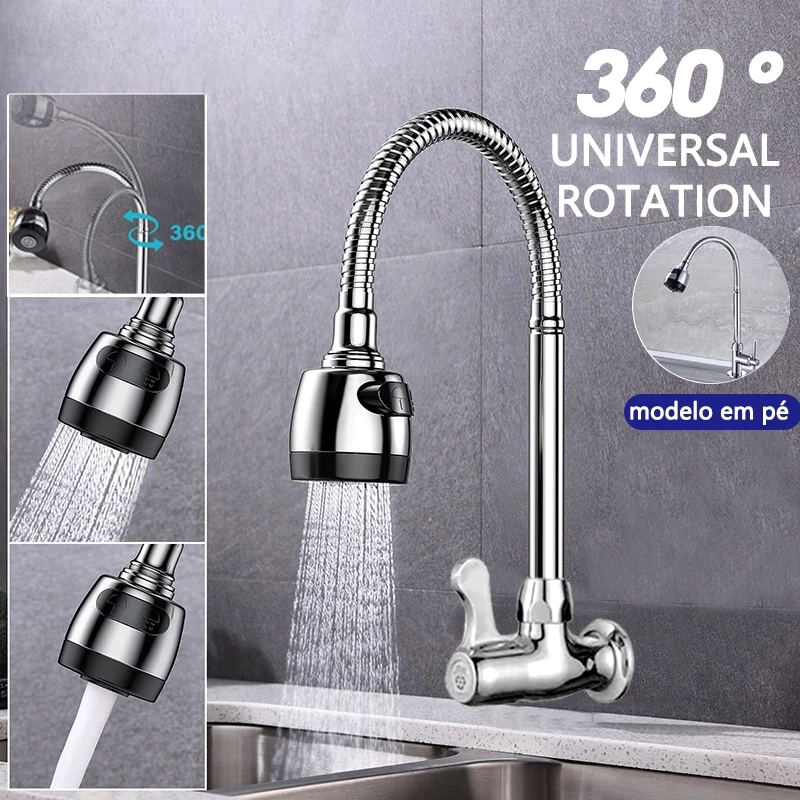 Torneira Gourmet Inox cozinha parede Chuveirinho para 360°pia de cozinha flexível Com 2 modos de pul
