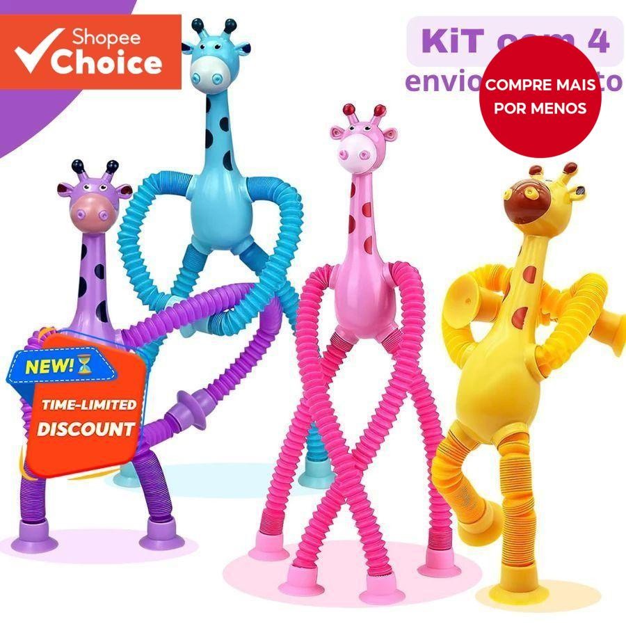Kit 4 Tubo Pop De Sucção Girafa  Brinquedo De Alongamento Com Luz LED Para Crianças , Resistente À P