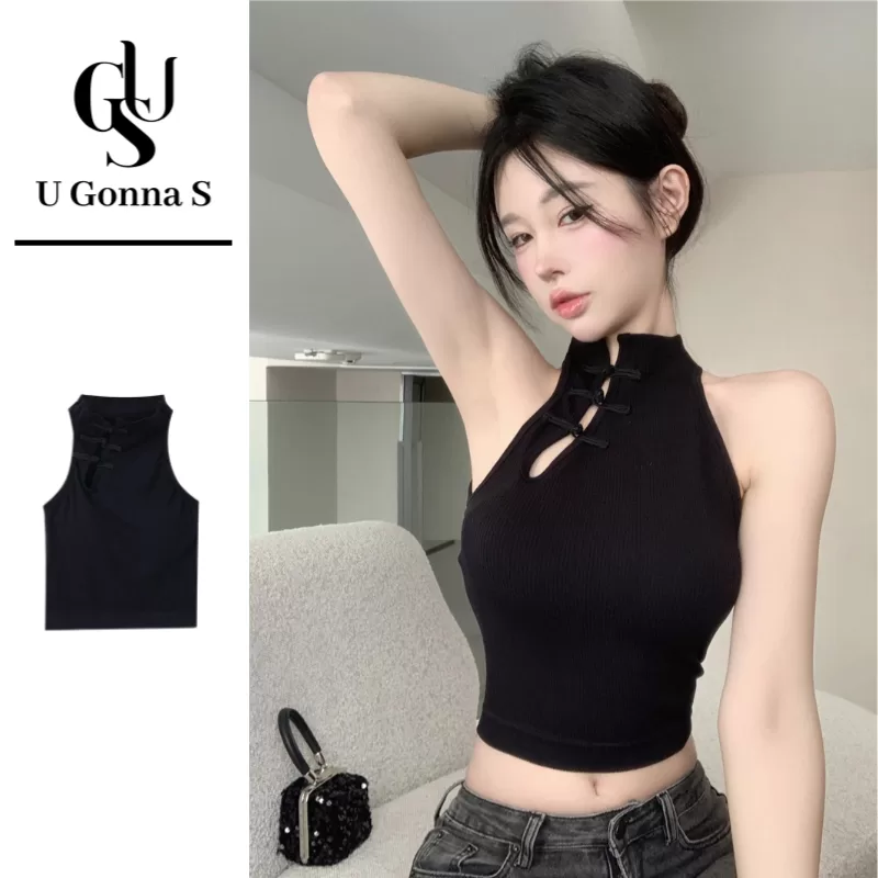 U Gonna S Top Mulheres Cheongsam Camiseta 2024 Moderno Vermelho Preto Sem Mangas Halter Gola Chinesa