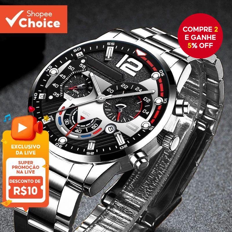 Relógio Masculino Pro Sports Business Date Cronógrafo Pulseira De Couro De Aço Inoxidável Para Acade