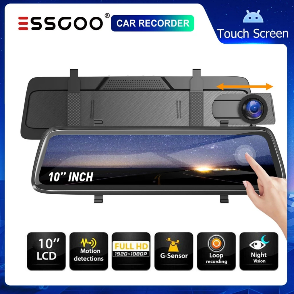 (Do São Paulo)ESSGOO 10 Polegadas Carro Dash Cam 1080P Full HD Câmera De Visão Dupla Tela Sensível A