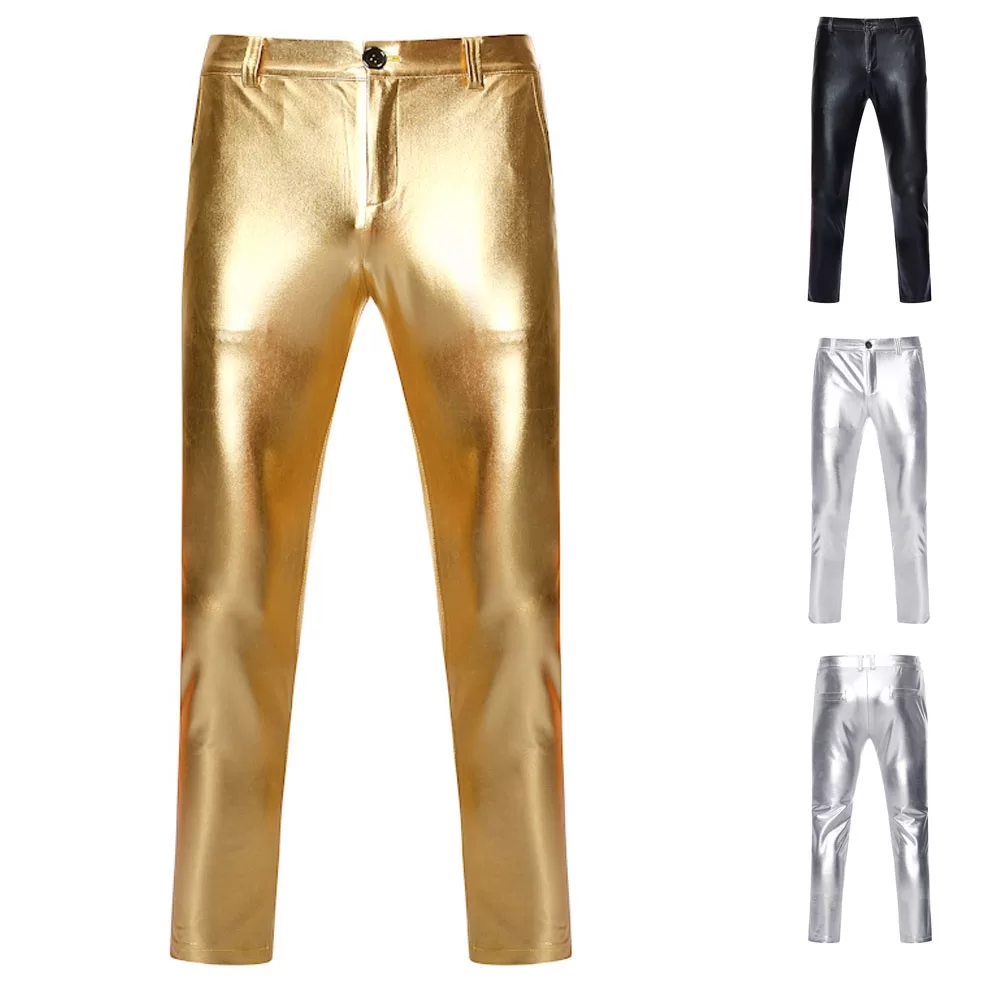 Calça Social Masculina Metálico Brilho Slim Fit Cor Liso Moda Estilo para Barra Clube Festa Plus Siz