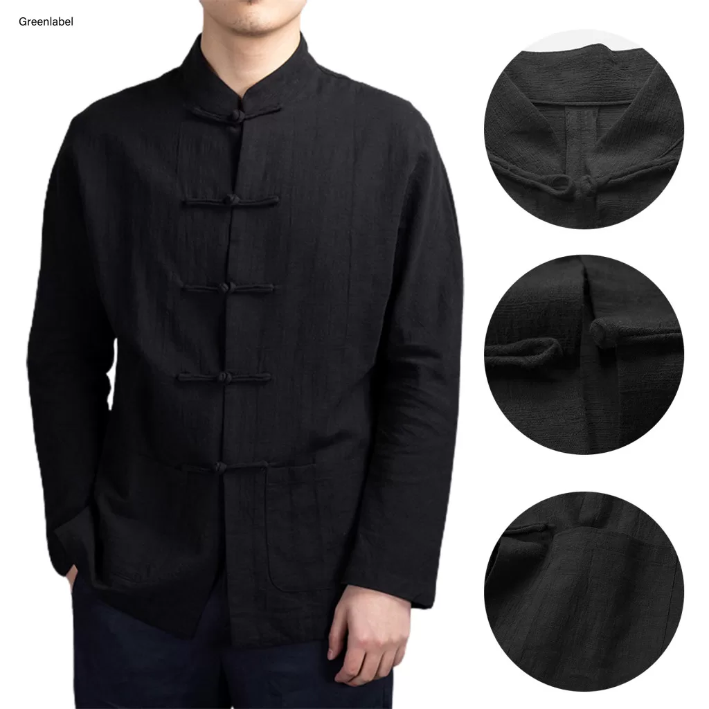 Long Sleeve Pockets Shirt Lightweight Breathable Men Traditional Chinese Style Mens Mandarin Collar