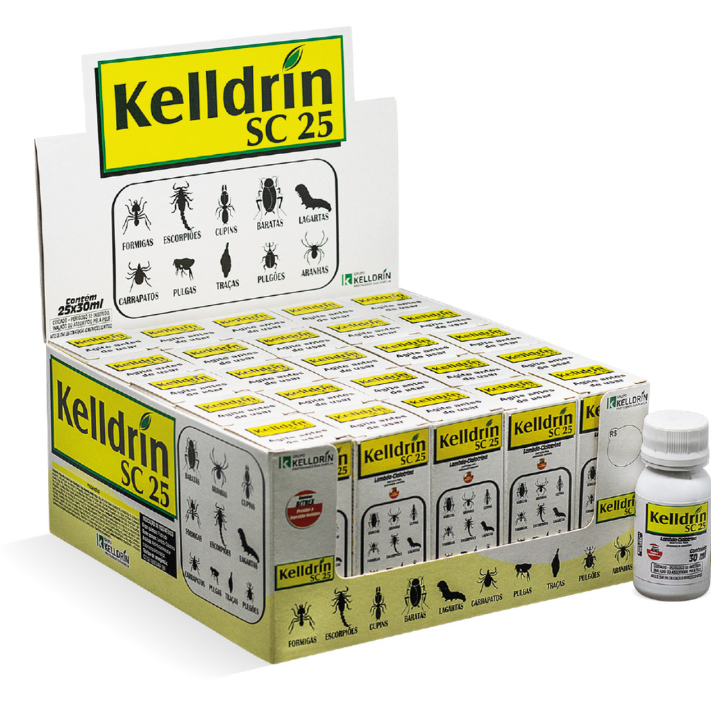 Kit com 25 Kelldrin SC 25  Mata Baratas, Aranhas, Escorpiões 30ml – Display Caixa Fechada