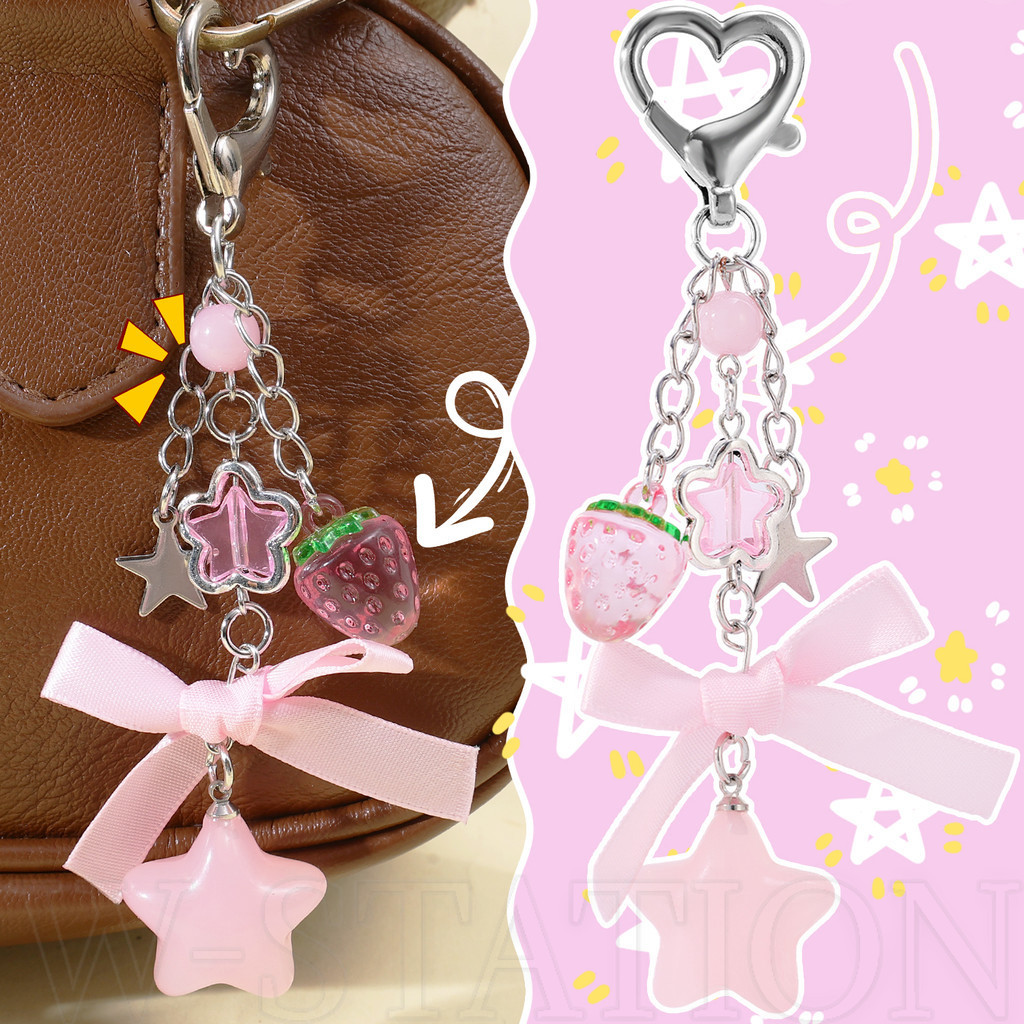 Chaveiro Doce E Fofo Com Laço De Morango-Pingente De Arco Rosa Para Meninas Y2K-Enfeites De Miçangas