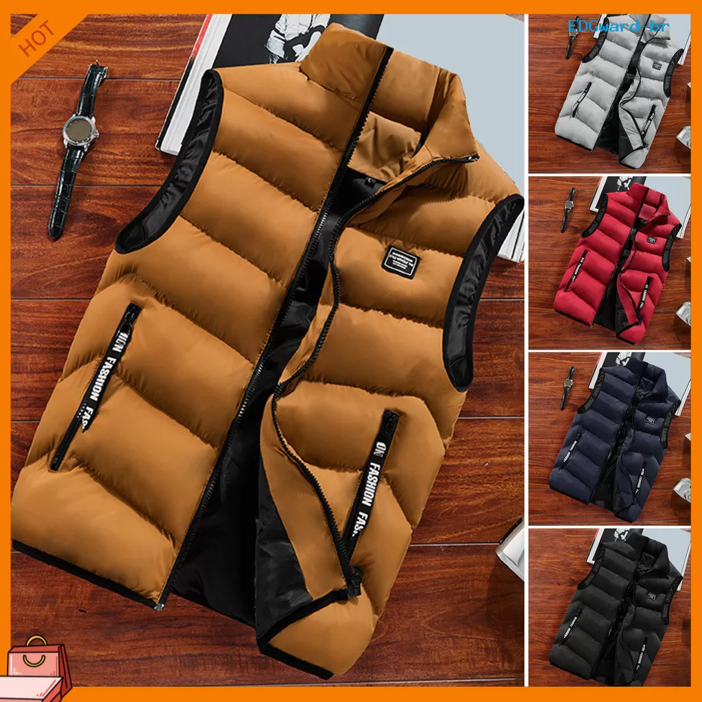 [EDG] Colete De Inverno Homem Colarinho Espessado Acolchoado  Zíper Sem Manga Decoração De Bolsos Ho