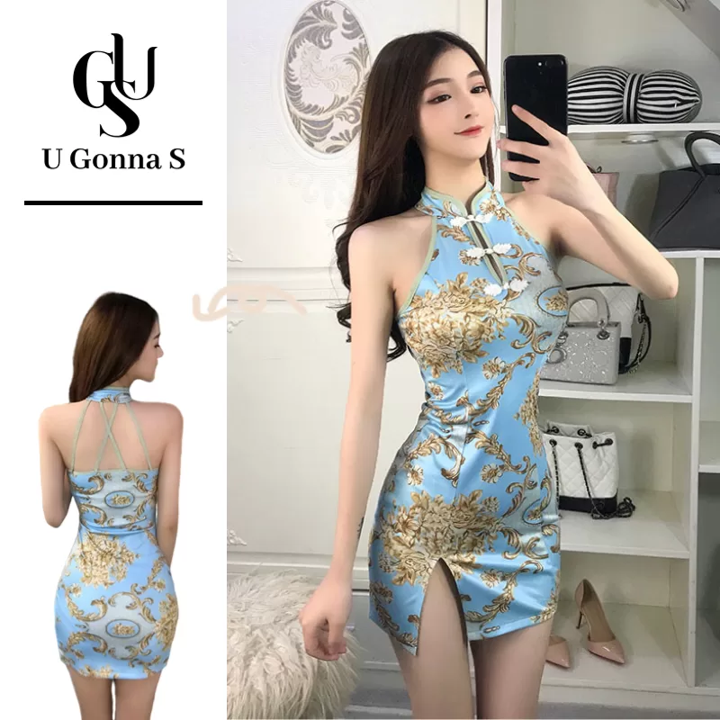 U Gonna S Cheongsam Dress Women Melhorou Acima Do Joelho Sem Manga Com Fenda Lateral Bodycon Elegant
