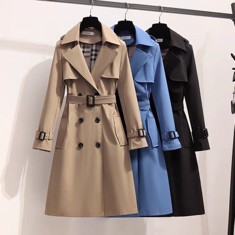 Moda Coreana Vintage Casaco Solto Mola De Outono Pólo De Manga Longa Duplo Peito Alto Midi Windbreak