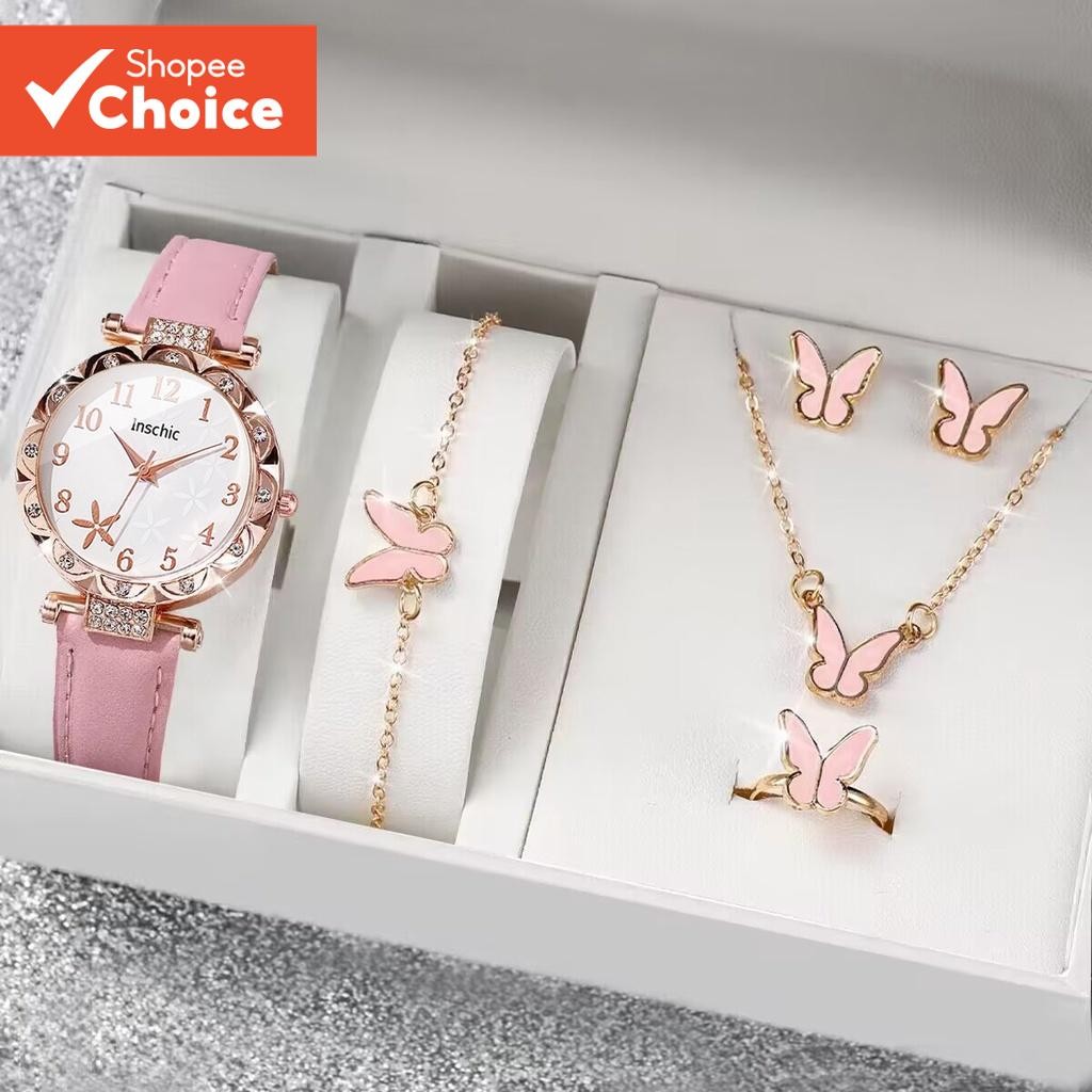 Moda Flor Feminina Relógio Conjunto De Jóias Em Preto Rosa Branco Quartzo Pulseira De Couro De Pulso