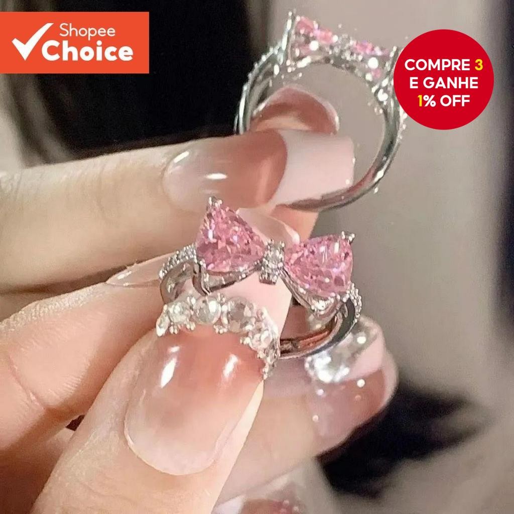 Anel Aberto Com Laço Rosa Para Mulheres  Design Micro Ajustável De Diamante Francês Casamentos E Fes